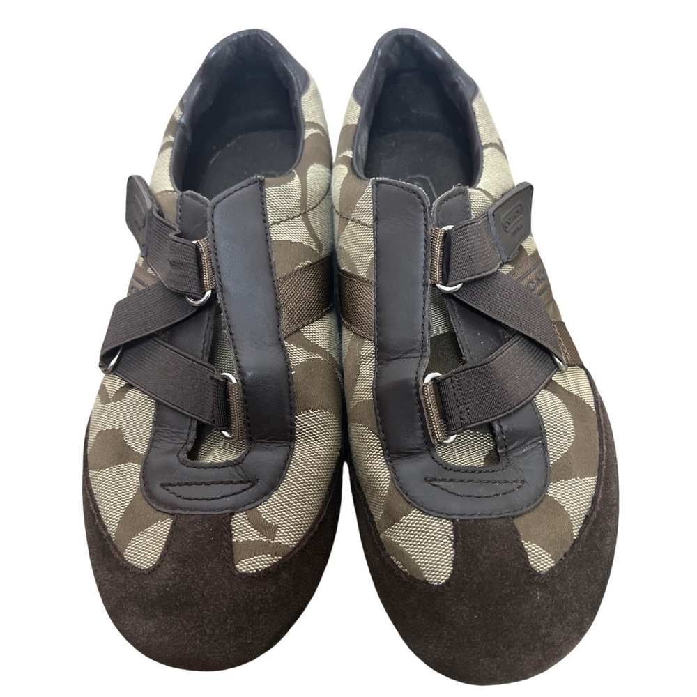 Coach Kyra Brown Signature Monogram Jacquard Suede Strap Sneakers Q207 Womens 9M